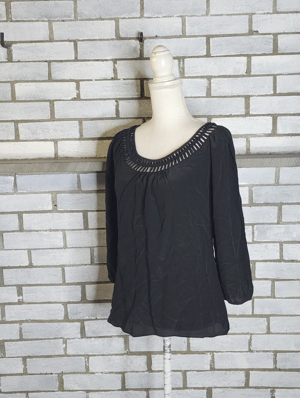 • White House Black Market 100% Silk Blouse S Black Lattice Cut Out Neckline